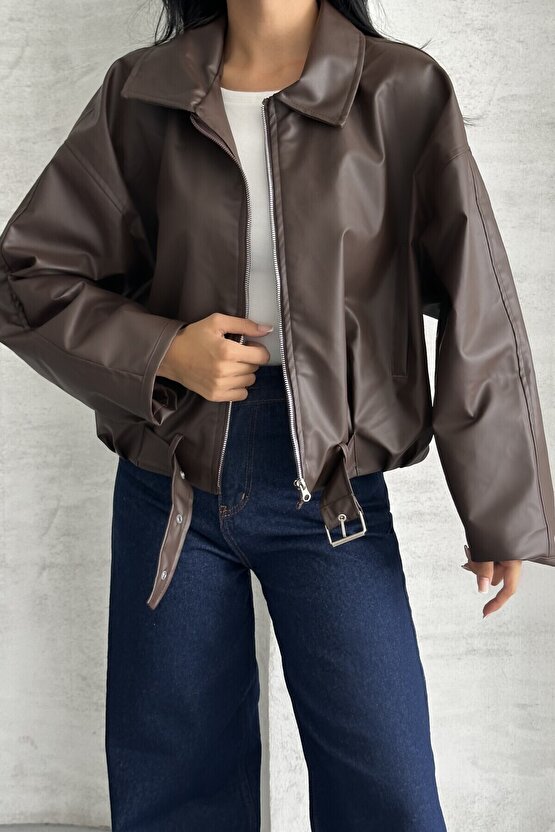 Kadın Oversize Bomber Suni Deri Ceket | Yeni Sezon Kemerli Biker Ceket