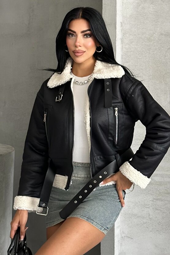 Kadın Kemerli İçi Kürklü Deri Mont - Biker Deri Ceket