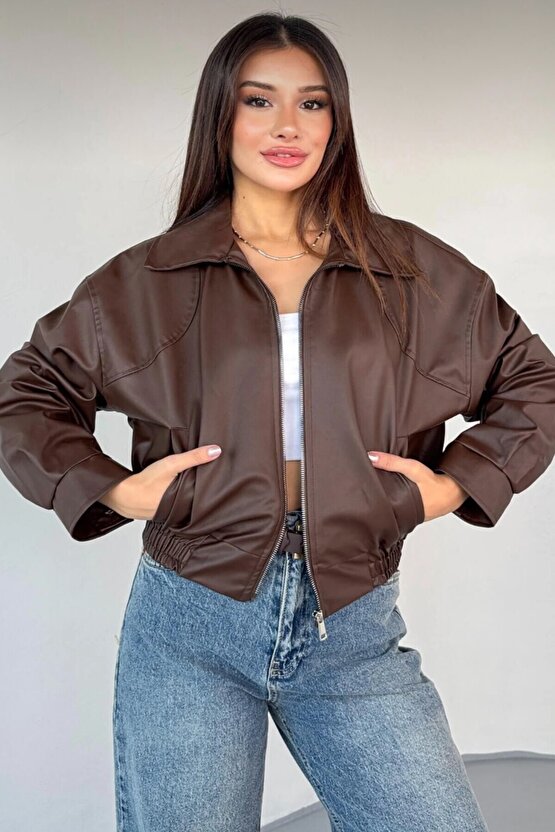 Yakalı Suni Deri Bomber Ceket