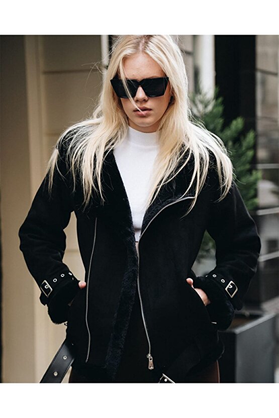 Süet Kaban Trençkot Siyah Mont