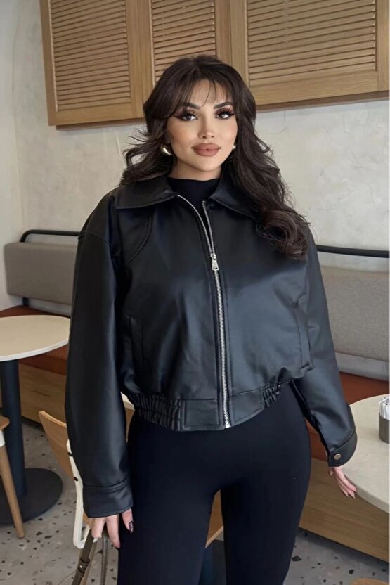 Yakalı Suni Deri Bomber Ceket