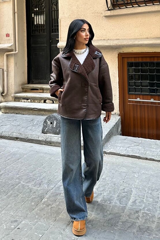 Else Acı Kahve Dokulu Süet Içi Peluşlu Oversize Zr Model Mont