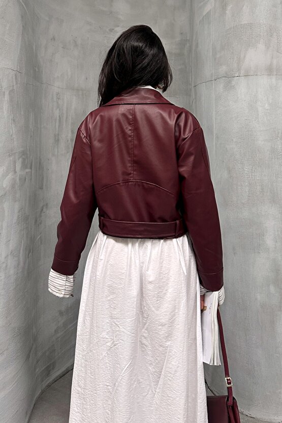 Kemerli Bordo Crop Deri Ceket