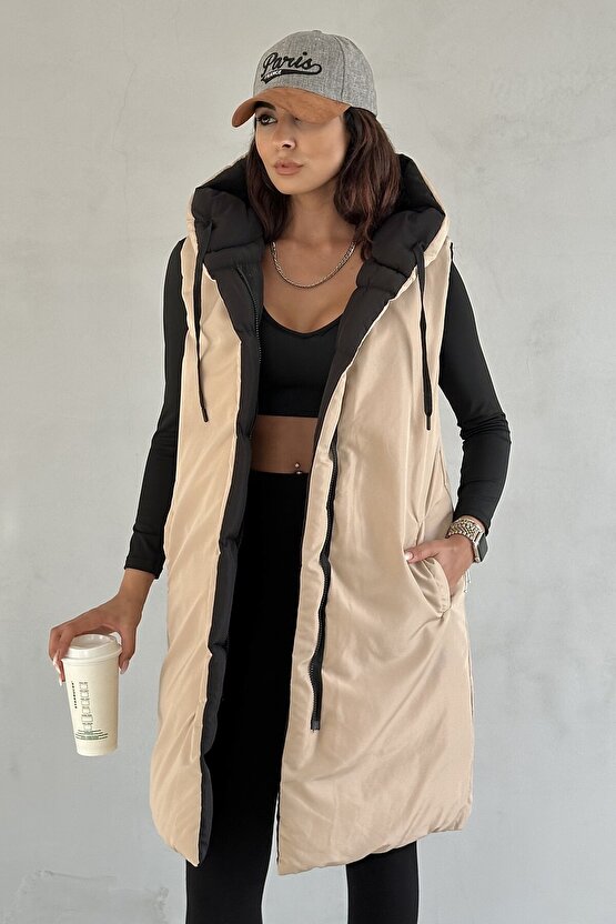 Kadın Çift Taraflı Uzun Şişme Yelek Kapüşonlu Oversize - Siyah, Bej