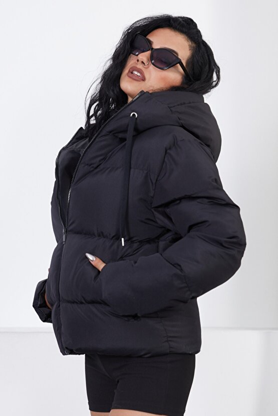 Kadın Kapüşonlu Şişme Mont - Yakası Bağcıklı