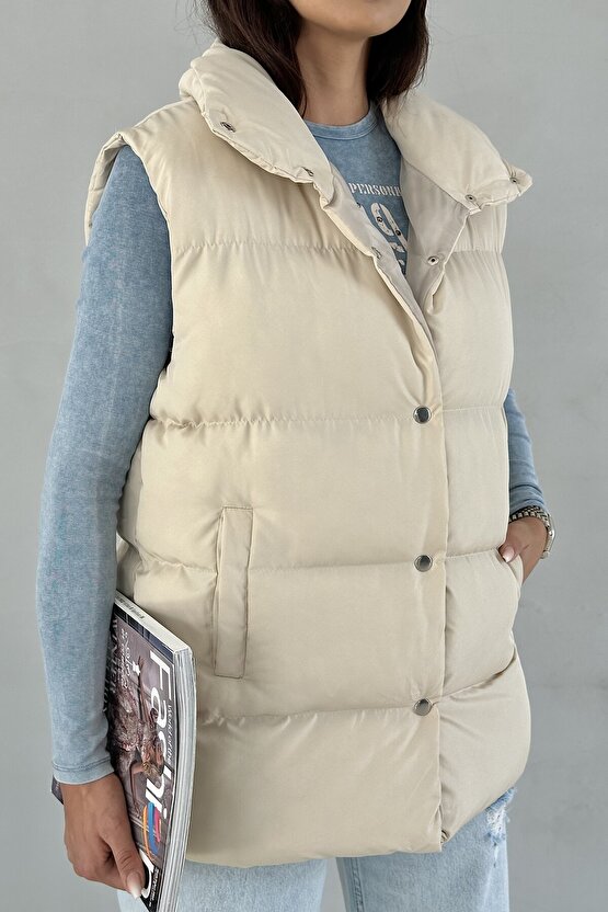 Kadın Filotalı Cep Çıtçıtlı Yakalı Uzun Şişme Yelek