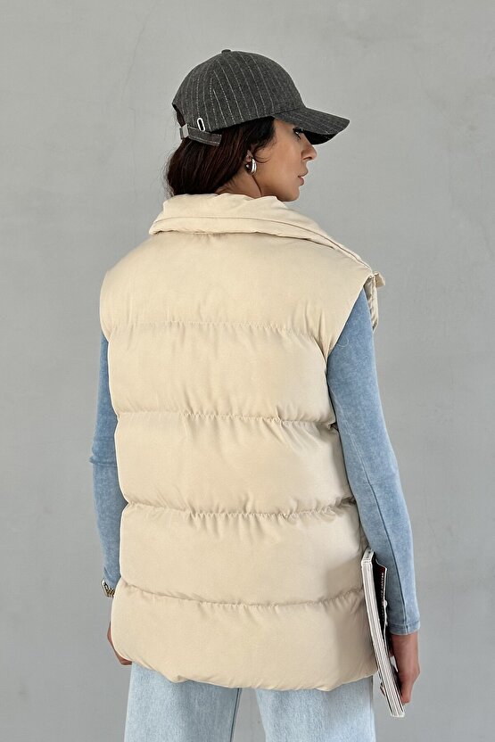 Kadın Filotalı Cep Çıtçıtlı Yakalı Uzun Şişme Yelek