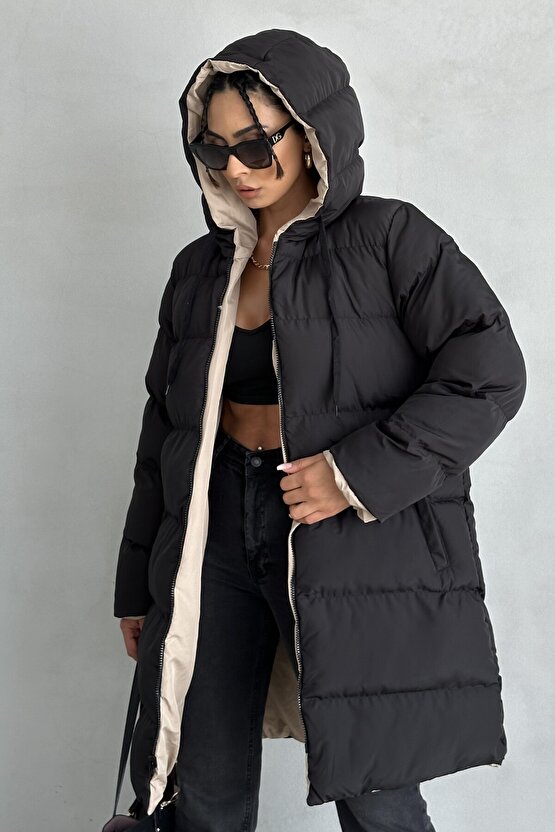 Çift Taraflı Oversize Kadın Şişme Mont – Kapüşonlu Regular Fit, SiyahBej