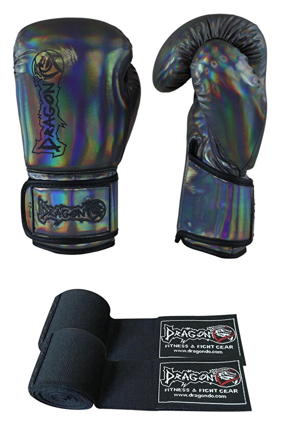 Glossy Kick Boks Eldiveni Muay Thai Müsabaka ve Antreman Eldiveni Bandajlı 2li Set