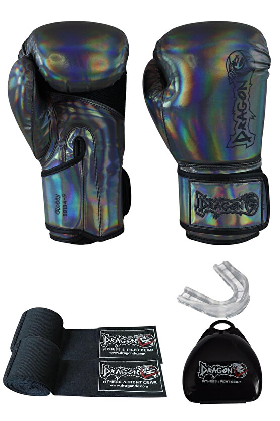 Dragon Glossy Kick Boks Eldiveni Muay Thai Müsabaka ve Antreman Eldiveni Bandajlı 3lü Set