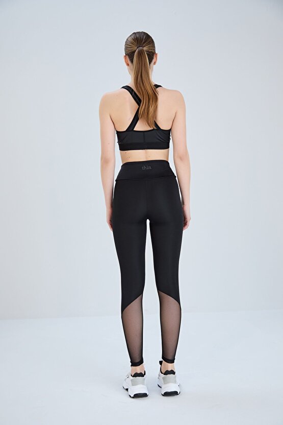 Siyah, Tül Detaylı Sporcu Taytı İnceltici Ve Sıkılaştırıcı
