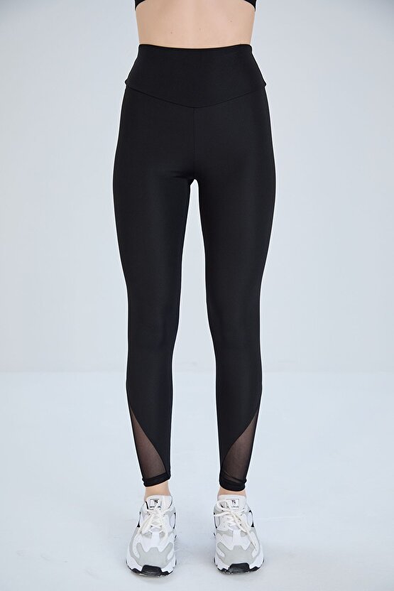 Siyah, Tül Detaylı Sporcu Taytı İnceltici Ve Sıkılaştırıcı