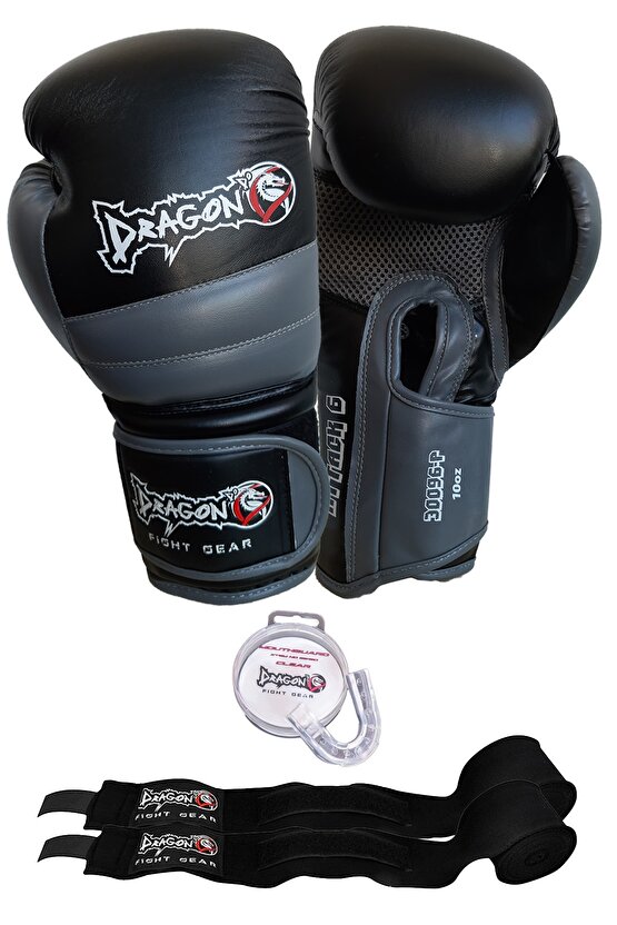 Unisex Siyah Attack 6 Kick Boks Muay Thai Boks Eldiveni Bandaj ve Dişlik 3lü Set