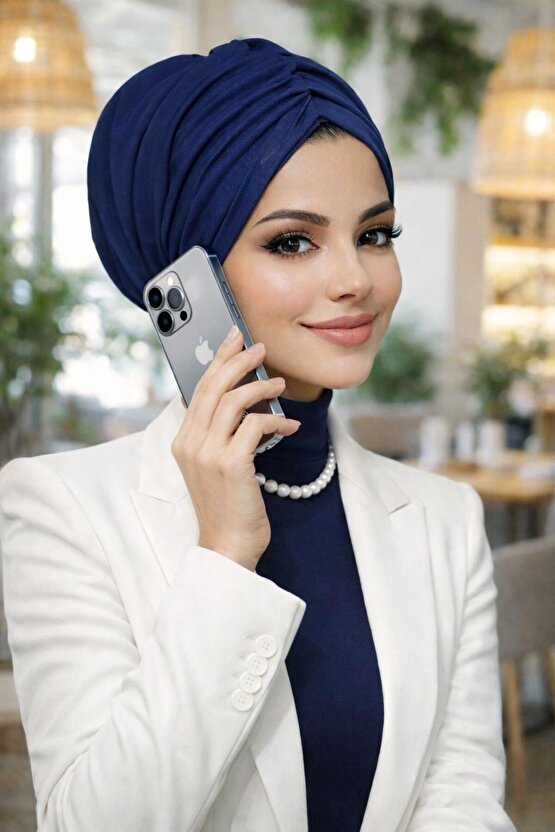 Lacivert Günlük ve Abiye Kullanılabilir Büzgülü Salaş Bone