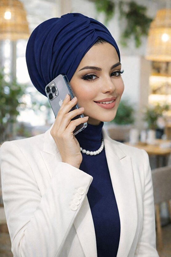 Lacivert Günlük ve Abiye Kullanılabilir Büzgülü Salaş Bone