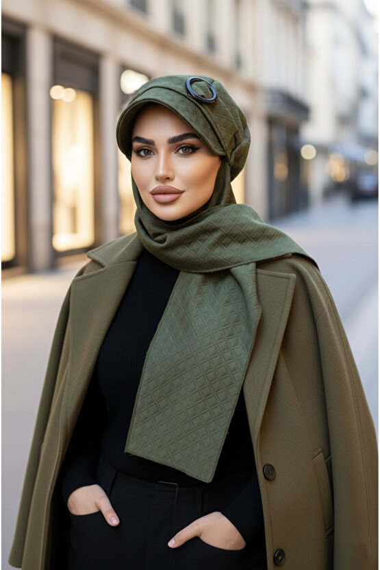 Haki Kapitone Tokalı Tesettür Şapka