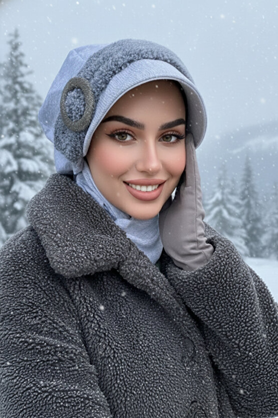 Gri Tokalı Tesettür Şapka