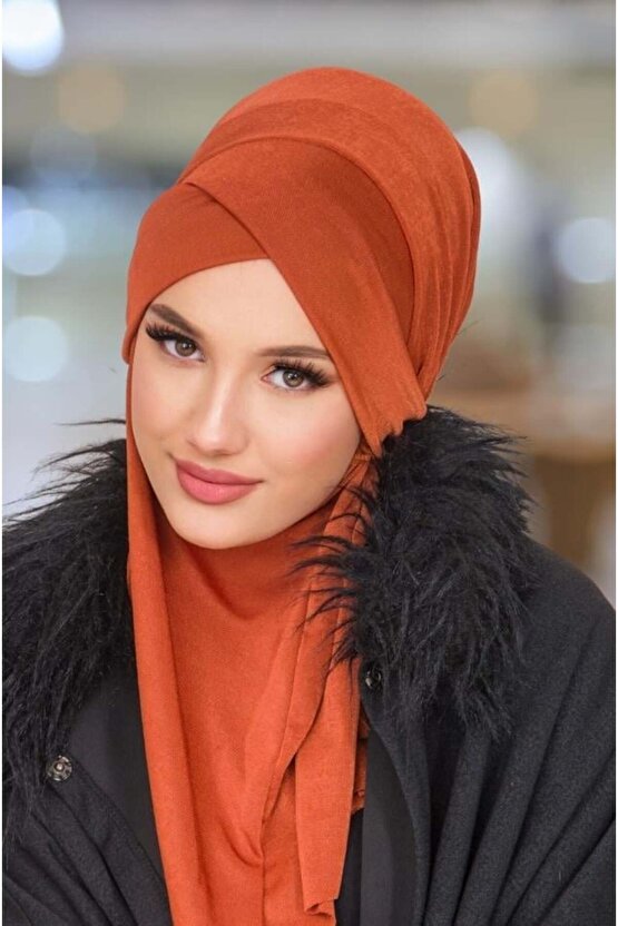 Kiremit Çapraz Bantlı Medium Size Hijab - Hazır Şal