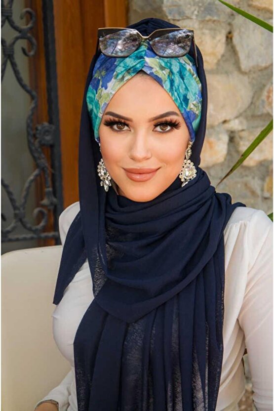 Lacivert Turkuaz Çiçek Desen Hazır Şal