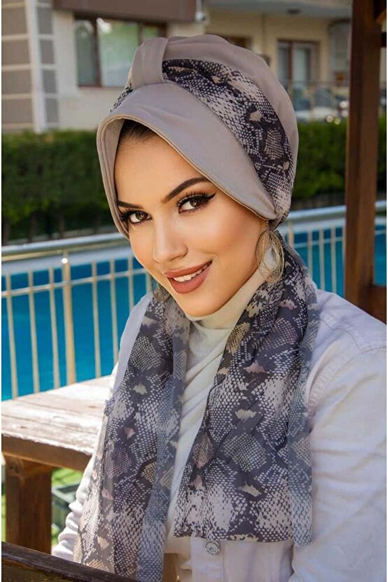 Gri Yılan Desen Fularlı Şapka Bone