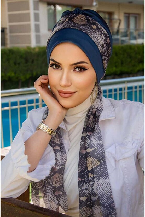 Lacivert Yılan Derisi Desen Fularlı Bone