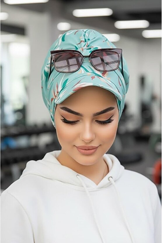 Mint Desenli Tesettür Şapka Bone