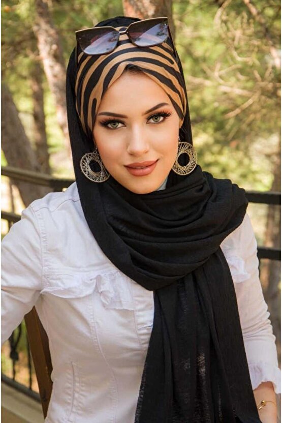 Siyah Gold Zebra Desen Bone Hazır Şal