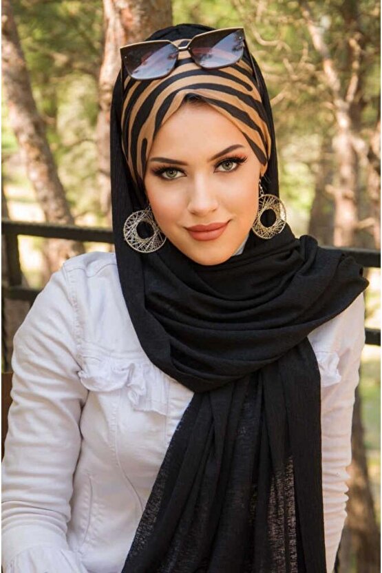 Siyah Gold Zebra Desen Bone Hazır Şal