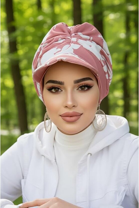 Koyu Pudra Beyaz Desen Bantlı Şapka Bone