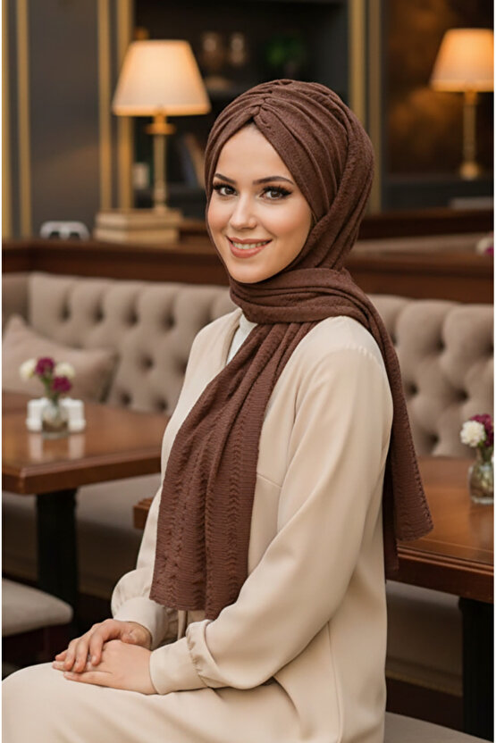 Kahve Kelebek Model Büzgülü Bone Şal