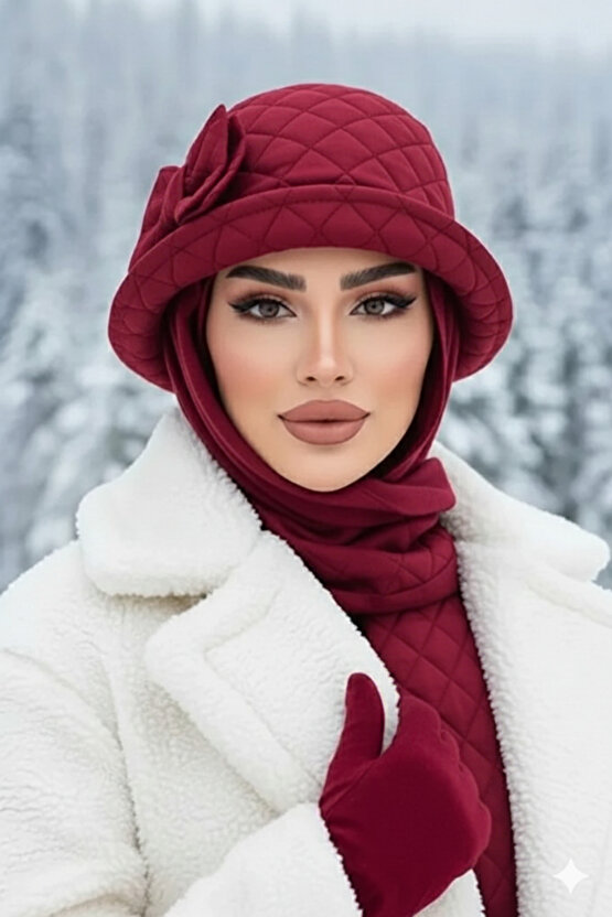 Bordo Aksesuarlı Vintage Atkılı Şapka