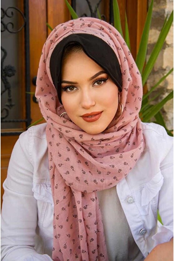 Pudra Siyah Baskılı Şapka Şal