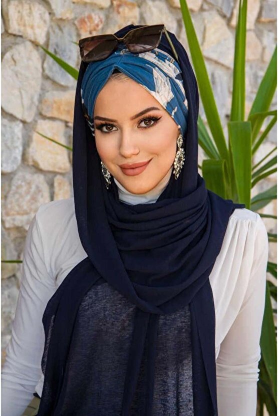 Lacivert Desenli Büzgülü Hazır Şal