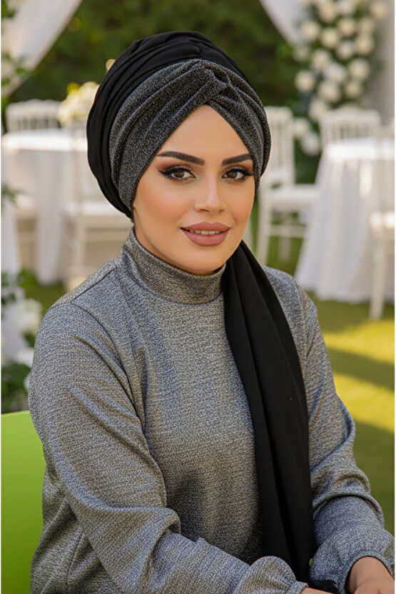 Siyah Gümüş Burgu Hazır Şal