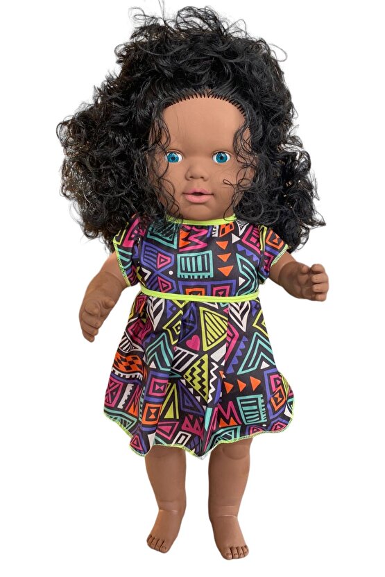 Büyük Boy Türkçe Konuşan Siyahi Çikolata Rengi Uzun Saçlı Et Bebek Oyuncak (60 CM)