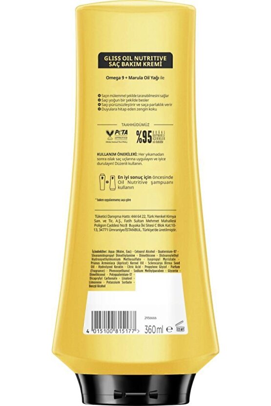 Oil Nutritive  Omega 9 ve Marula Yağı içeren Besleyici Saç Bakım Kremi 360 ml Yıpranmış Saçlar