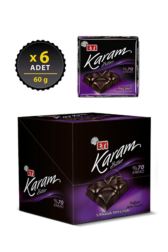 Karam %70 Kakaolu Bitter Çikolata 60 g x 6 Adet