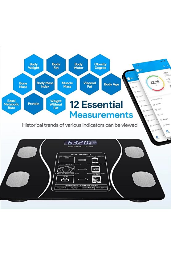Dijital Baskül Yağ Su Kas Vücut Kitle Endeksi Kilo Ölçer Tartı Bluetooth lu
