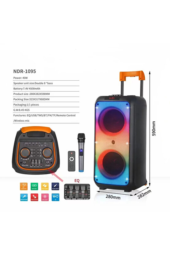 1095 Şarjlı Taşınabilir Bluetooth Parti Hoparlörü 2*8 inc Karaoke