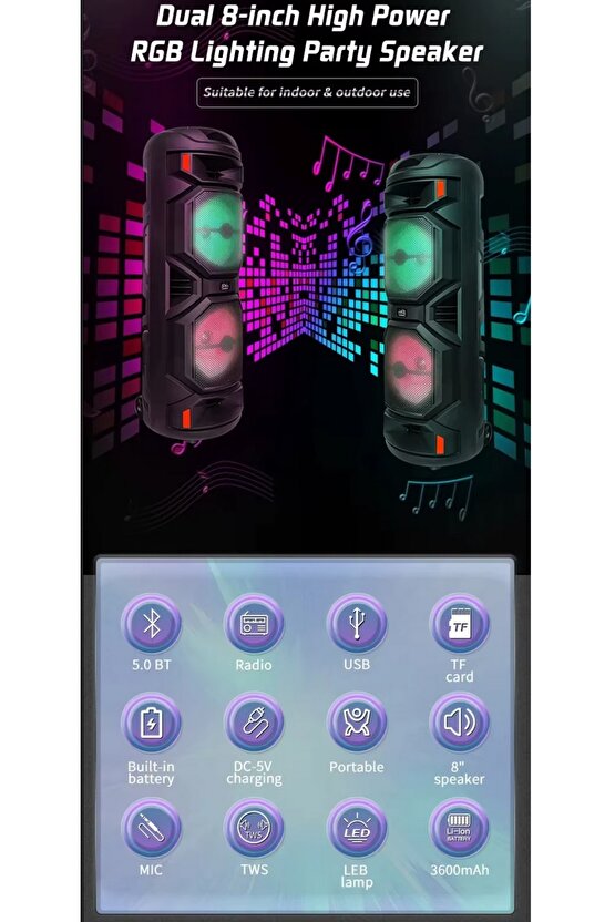2X8 İNÇ BÜYÜK BOY TEKERLEKLİ BLUETOOTH SPEAKER ŞARJLI KABLOSUZ MİKROFONLU HOPARLÖR