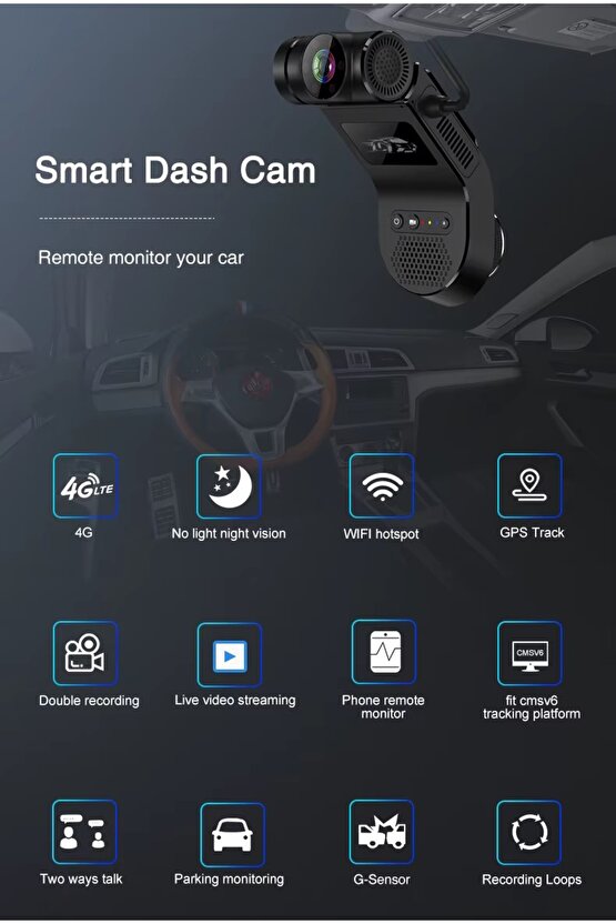 4G+WİFİ ARAÇ KAMERASI PANİK BUTONLU GPS Lİ SİM KARTLI ARAÇ İÇİ ÇİFT KAYIT KAMERA TAKSİ DOLMUŞ TIR