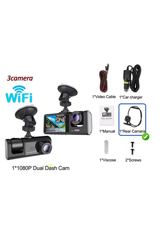 WİFİ Lİ 3 KAMERALI ARAÇ İÇİ KAMERA KAYIT CİHAZI 3 LENS CARDVR DASH CAM ÖN İÇ VE GERİ GÖRÜŞ KAMERASI
