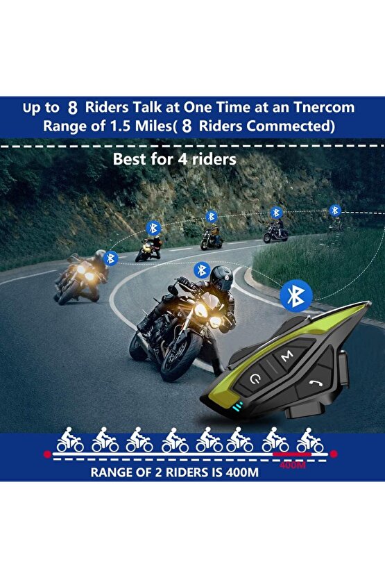Motorsiklet Kask Bluetooth Kulaklık Mikrofonlu Fm Radyolu 8 Kişilik Çoklu Eşleşme Helmet Intercom