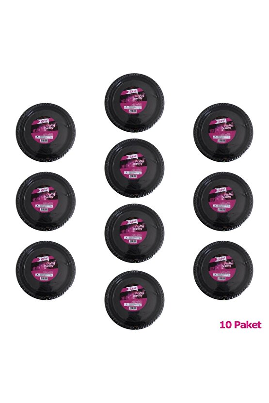Kullan At Renkli Siyah Parti Davet Plastik Tabak - 22 Cm. - 25 Adetlik 10 Paket