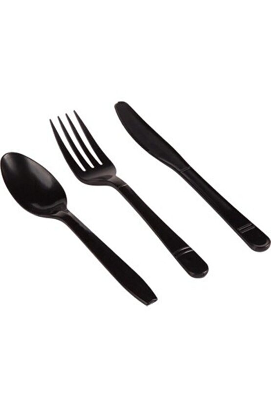 Siyah Plastik Lüx Çatal - Kaşık - Bıçak 3 Lü Set 100 Er Adet