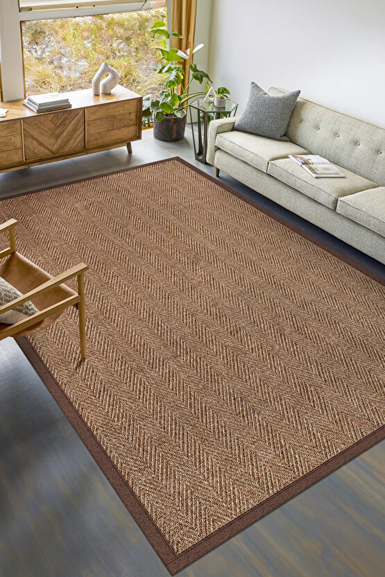 0503-Kahve Kumaş Bordür Sisal Halı Kilim Hav Toz Vermez Kolay Temizlenen Hasır Kilim