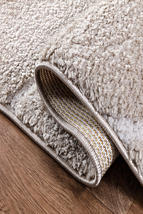 B094 Bej Kolay Kullanım Hav Toz Vermez Yumuşak Dokulu Uzun Tüylü Modern Shaggy Halı