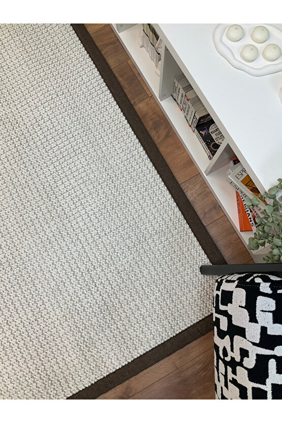 Kumaş Bordür Beyaz Bukle Kahve Bordür  Halı Salon Koridor Mutfak Çocuk Odası Halısı  Kilim S257