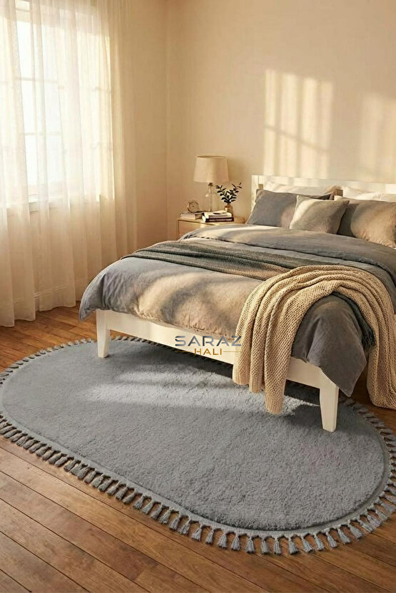 Puffy Gri Oval Örgü Saçaklı Peluş Yumuşacık Yıkanabilir Kaymaz Taban Halı Salon Oturma Odası