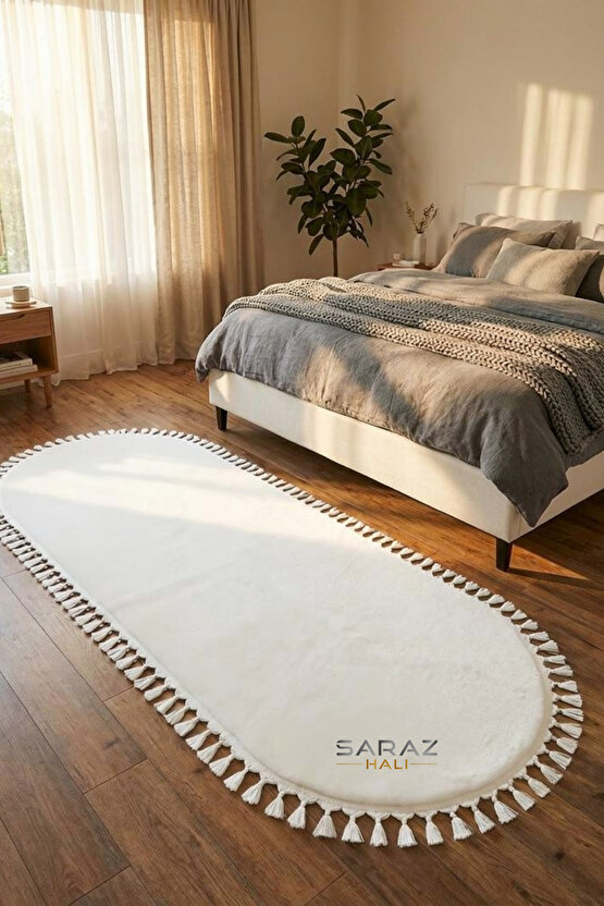 Puffy Beyaz Oval Örgü Saçaklı Peluş Yumuşacık Yıkanabilir Kaymaz Taban Halı Salon Oturma Odası